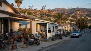 Oil pumpjacks behind homes in a Black Los Angeles neighborhood at golden hour