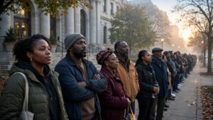Black voters standing in a long early voting line outside a civic building at sunrise