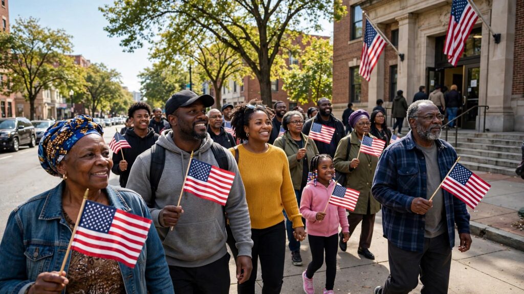 Black voters marching together toward a polling place on a bright Saturday morning