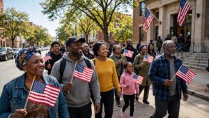 Black voters marching together toward a polling place on a bright Saturday morning