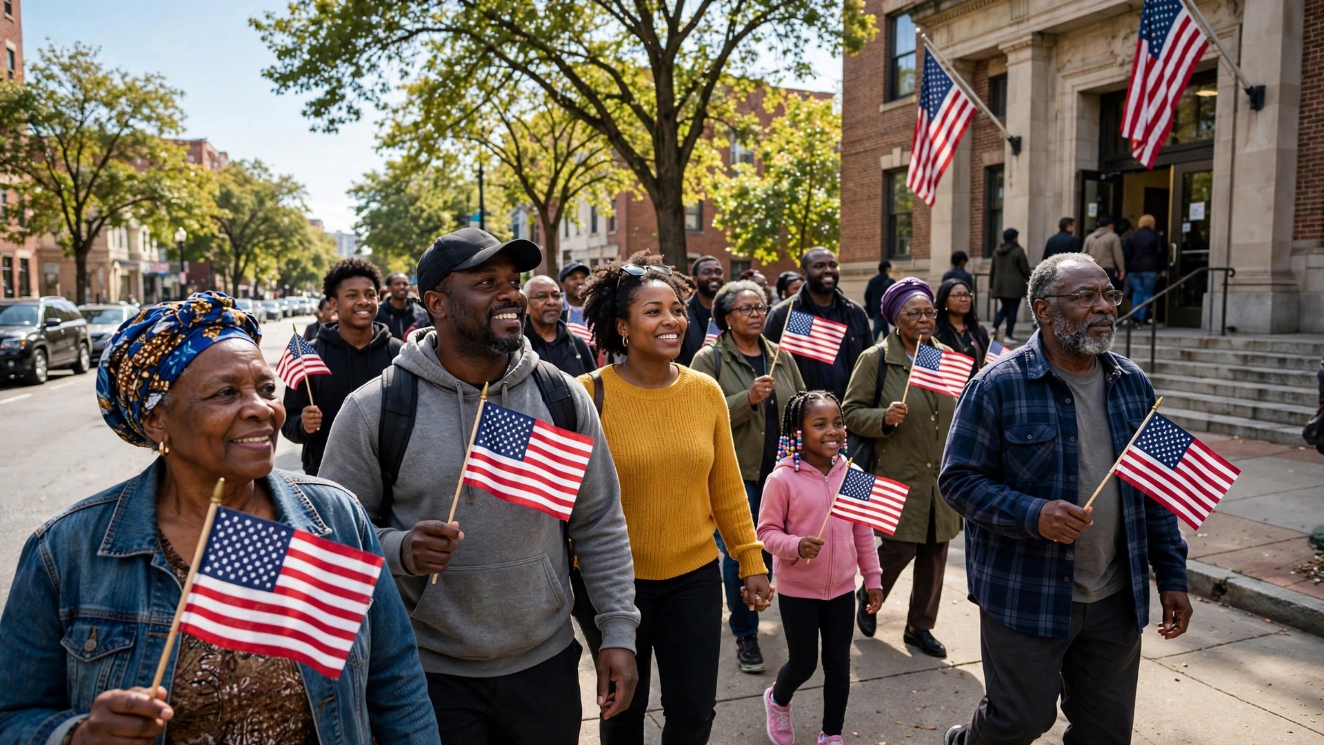 Black voters marching together toward a polling place on a bright Saturday morning