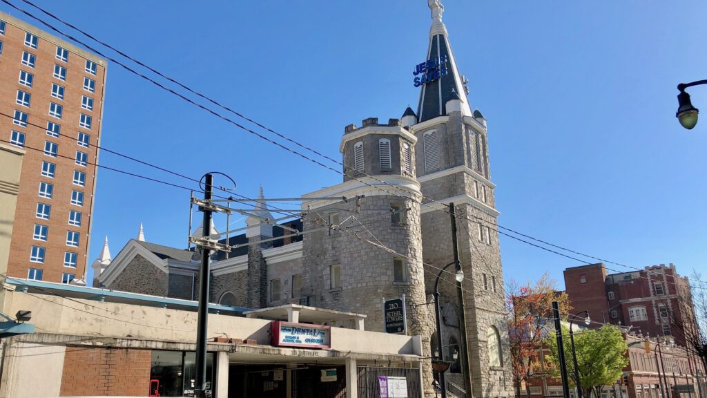 Big Bethel AME Church stone tower and spire on Auburn Avenue in Atlanta
