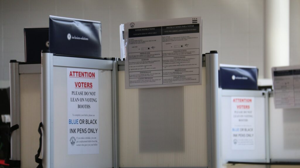 Voting booths ready for voters at a polling station in Washington