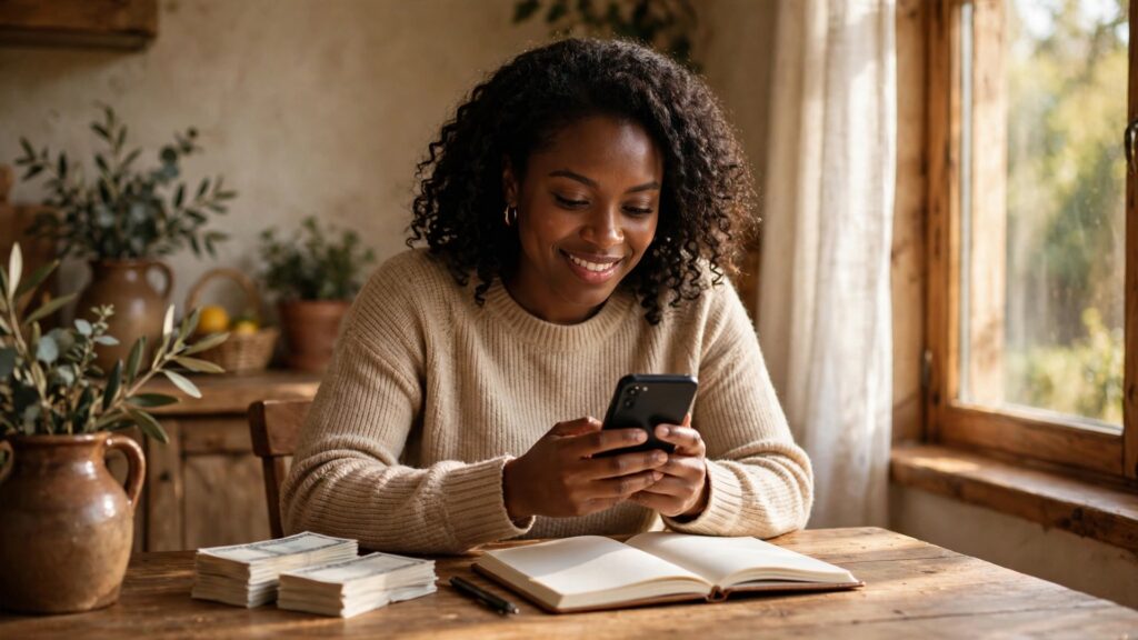 A woman checks her phone at a kitchen table with a notebook
