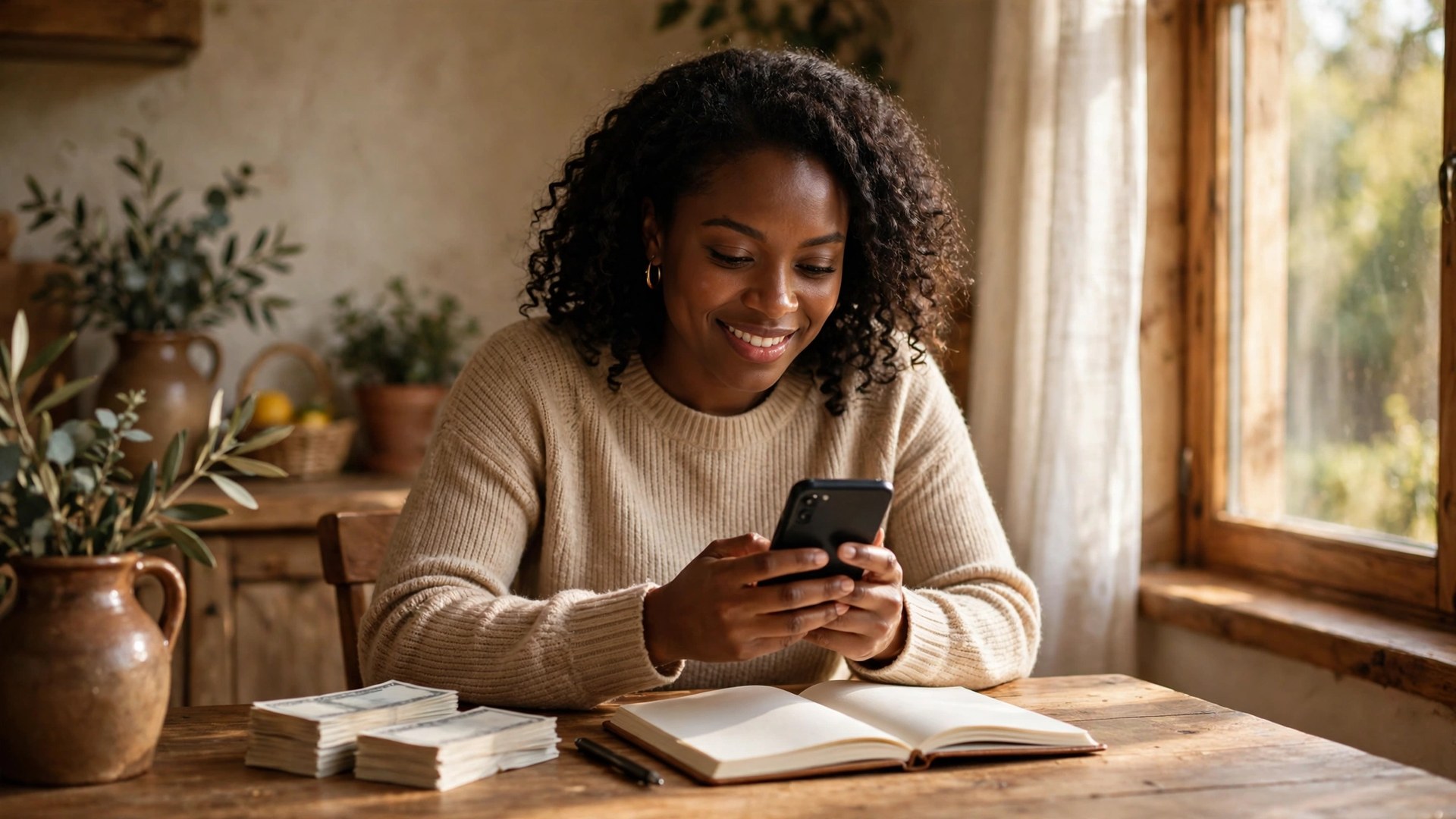 A woman checks her phone at a kitchen table with a notebook