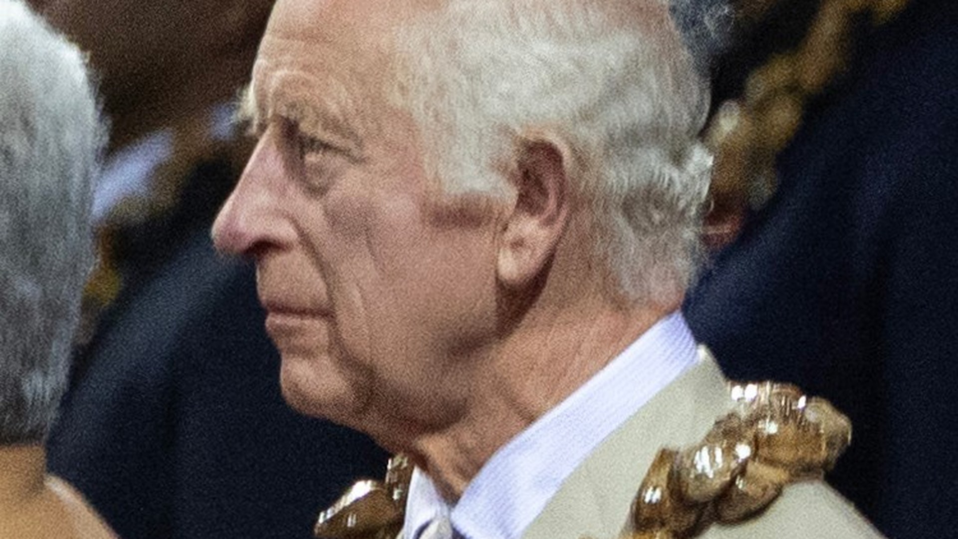 King Charles in profile wearing a garland at a Commonwealth summit