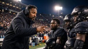 Black defensive coordinator directing Broncos defense on sideline at night