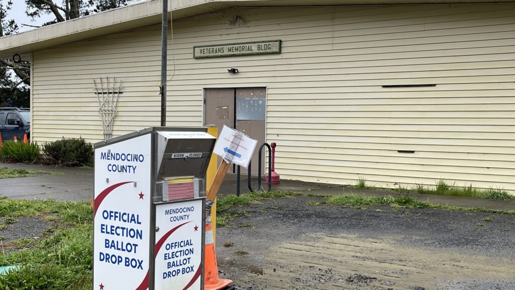Official election ballot drop box outside a veterans memorial building in Mendocino County California