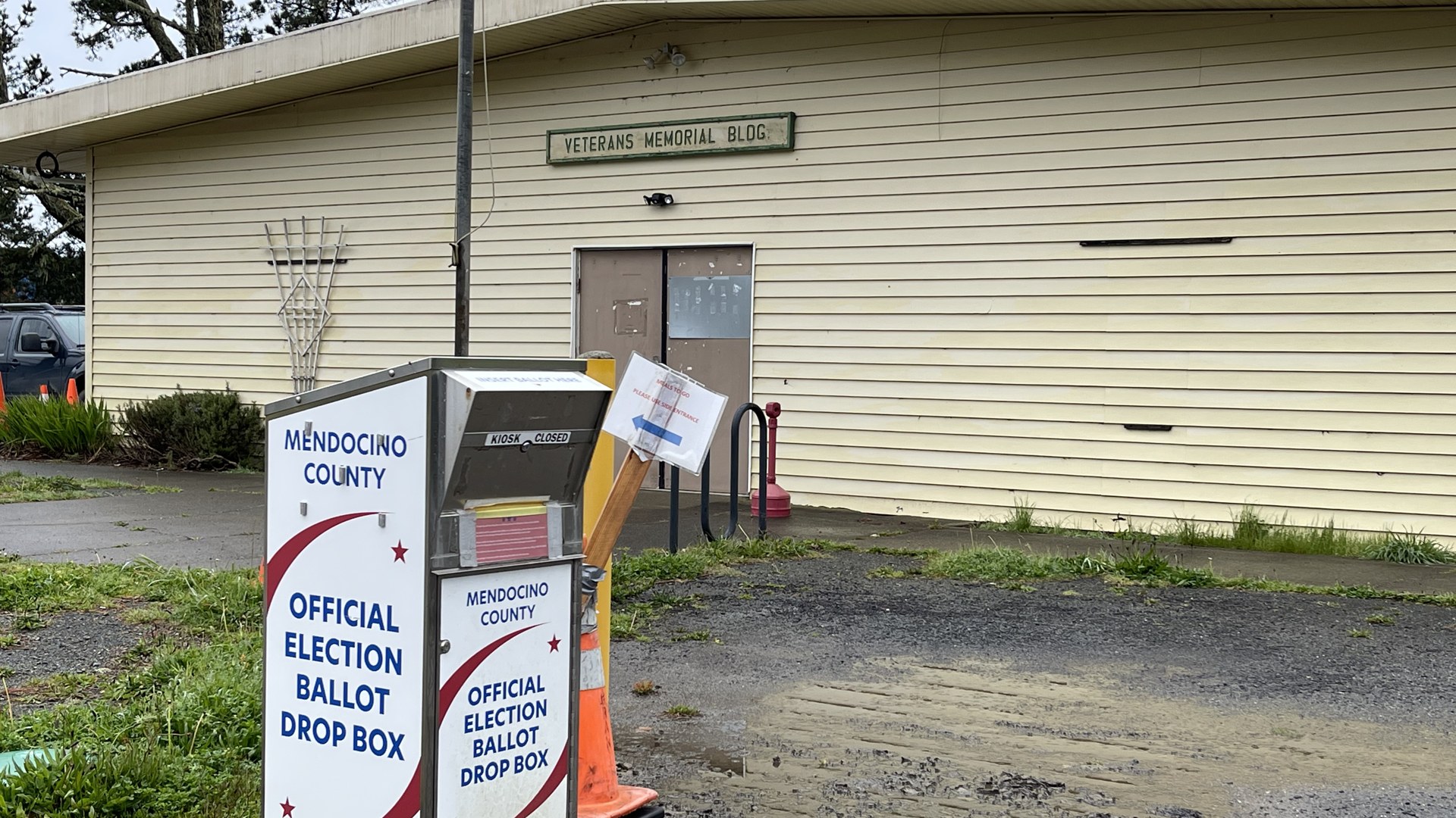 Official election ballot drop box outside a veterans memorial building in Mendocino County California