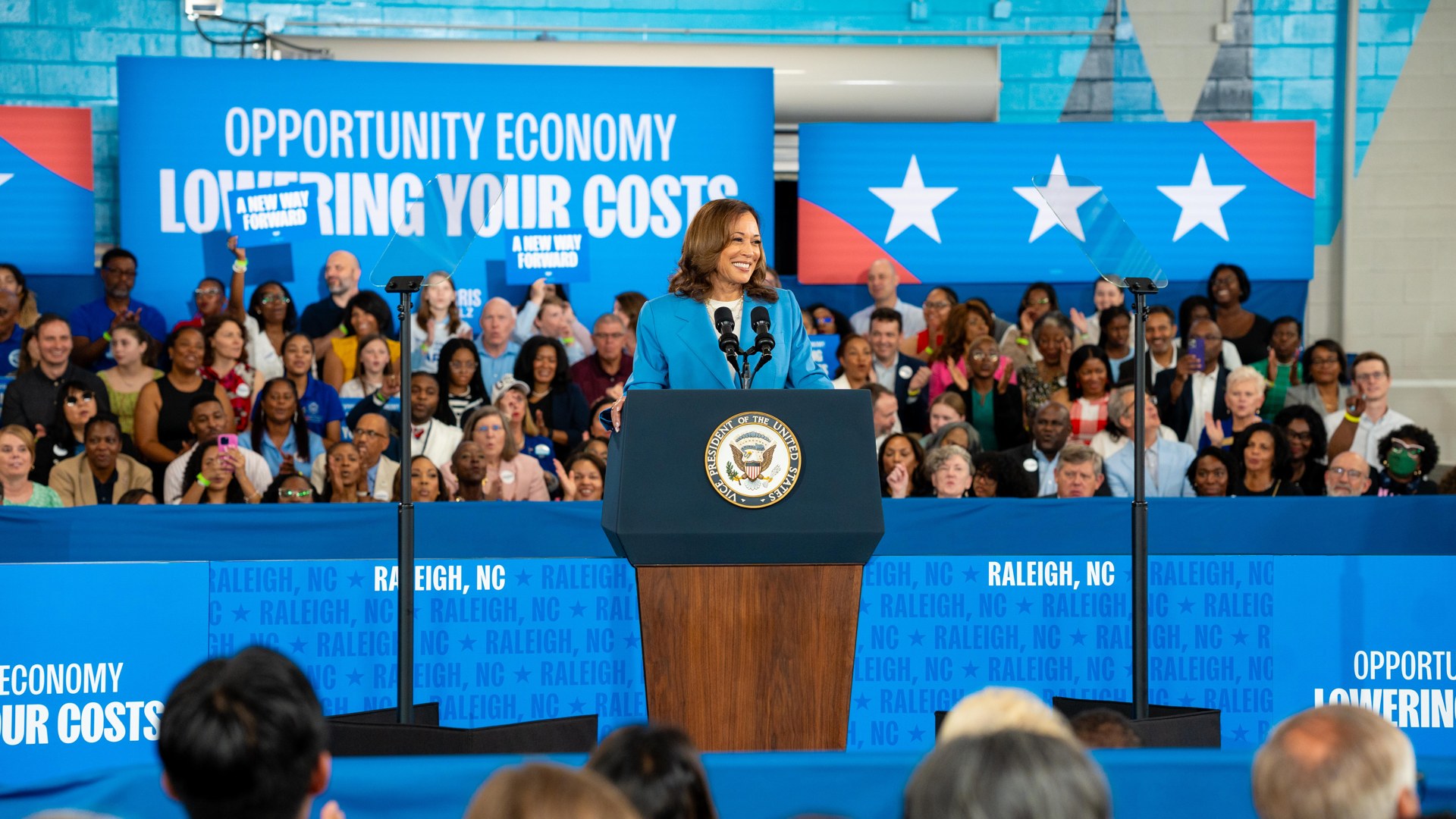 Kamala Harris speaks at a podium before a crowd at a rally