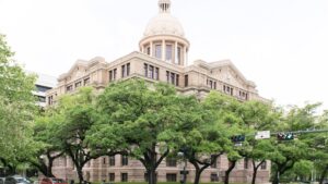 The 1910 Harris County Courthouse in Houston under a blue sky with palm trees in front