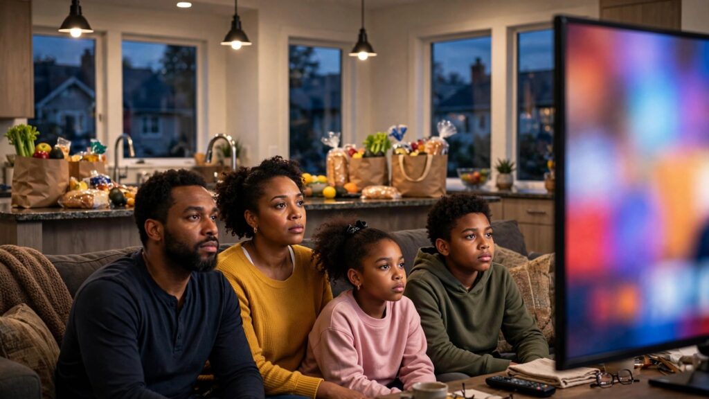 Black family watching campaign ads on television in a living room