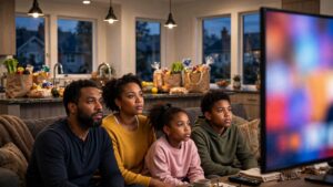 Black family watching campaign ads on television in a living room