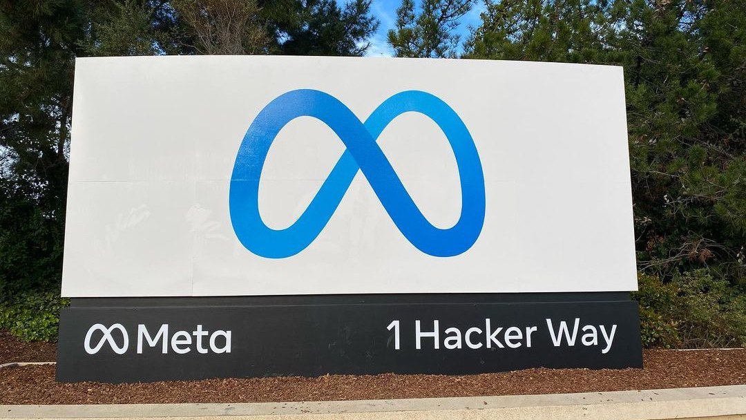 The Meta sign at the entrance to the company headquarters in Menlo Park, California