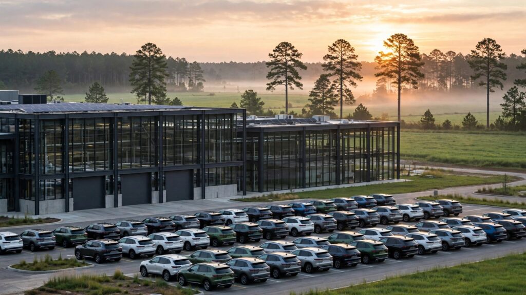 Modern automobile assembly plant in Georgia at sunrise with rows of new SUVs outside