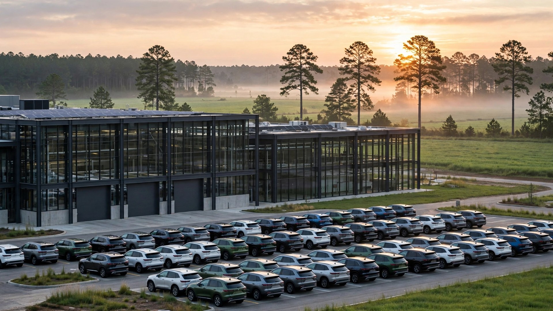Modern automobile assembly plant in Georgia at sunrise with rows of new SUVs outside