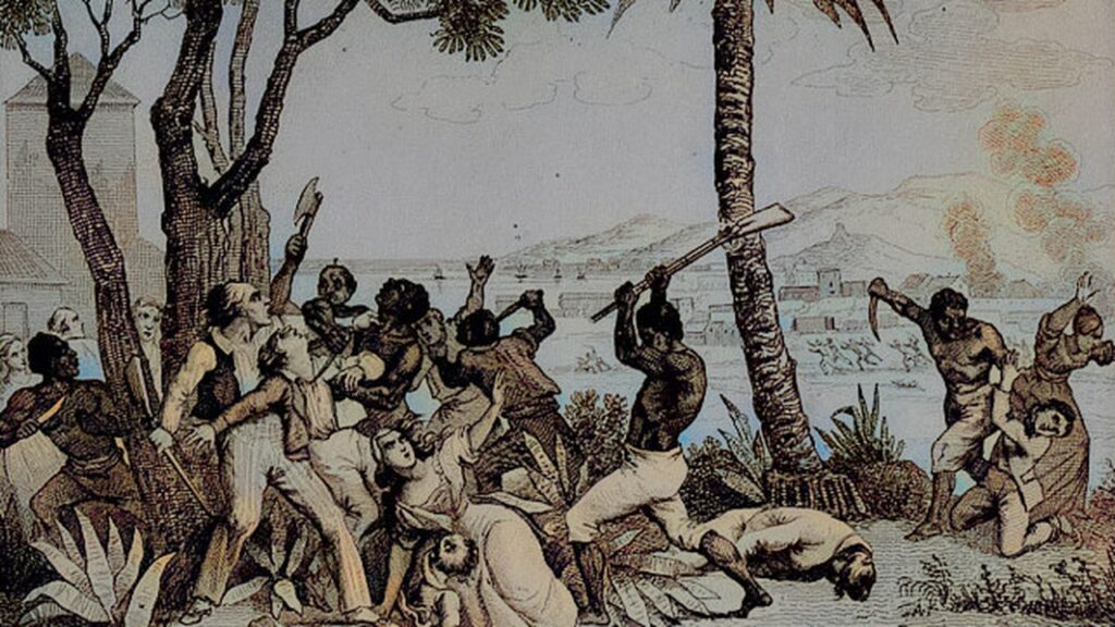 Historical engraving of enslaved people rising in Saint Domingue in 1791