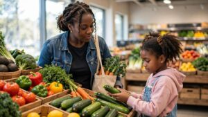 A Black mother and her young daughter choose fresh vegetables in a grocery store produce section