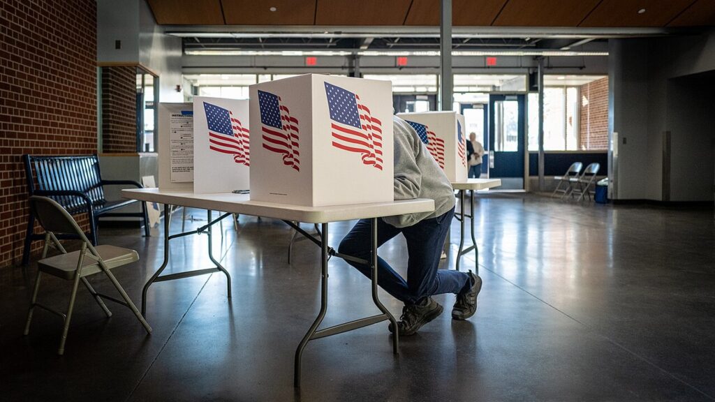 A voter casting a ballot at a polling place with flag marked booths