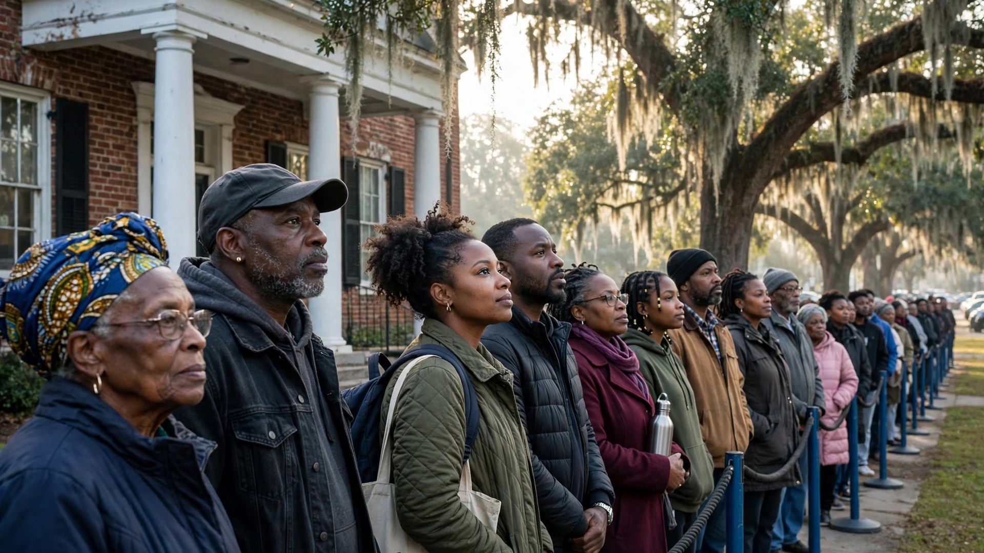 Black voters standing in a long early voting line outside a Southern polling place at morning light