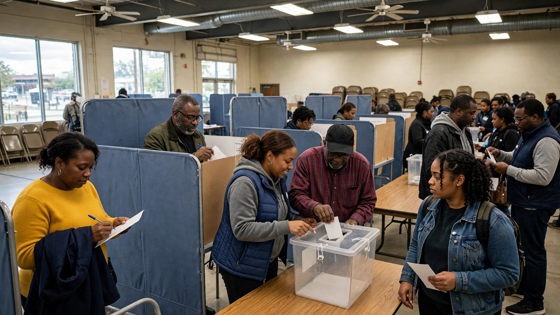 Voters casting ballots at voting booths inside a Houston polling place