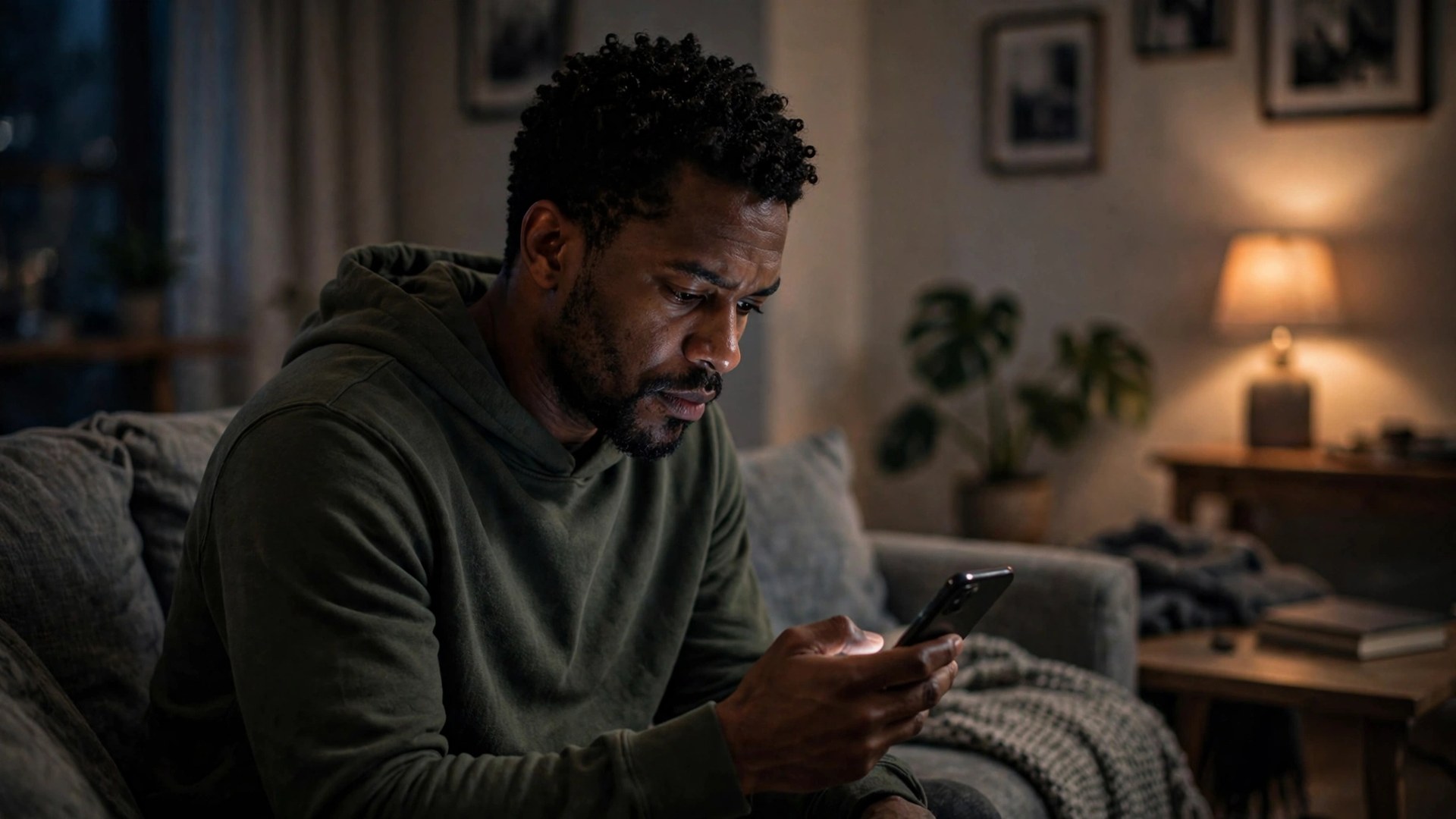 A Black man sitting alone in the evening looking at his phone on a couch