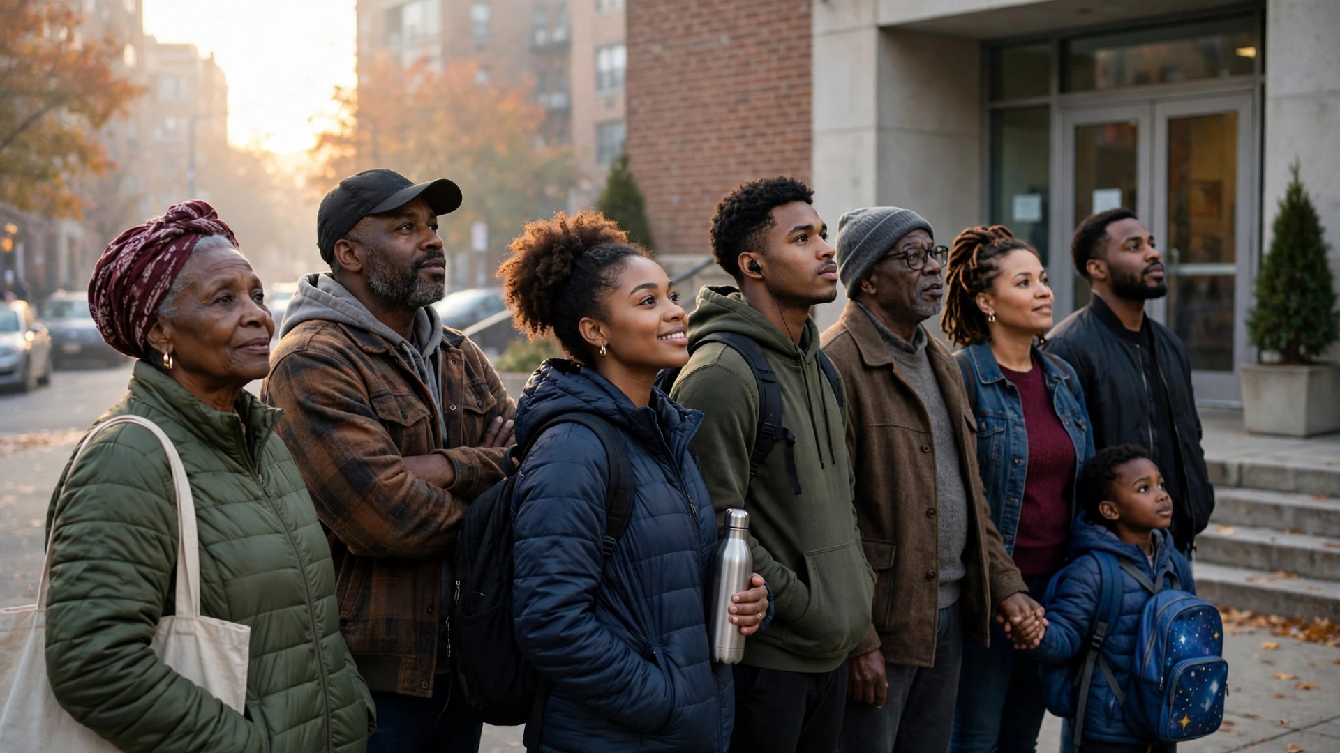 Black voters of many ages standing in line outside a polling place at sunrise
