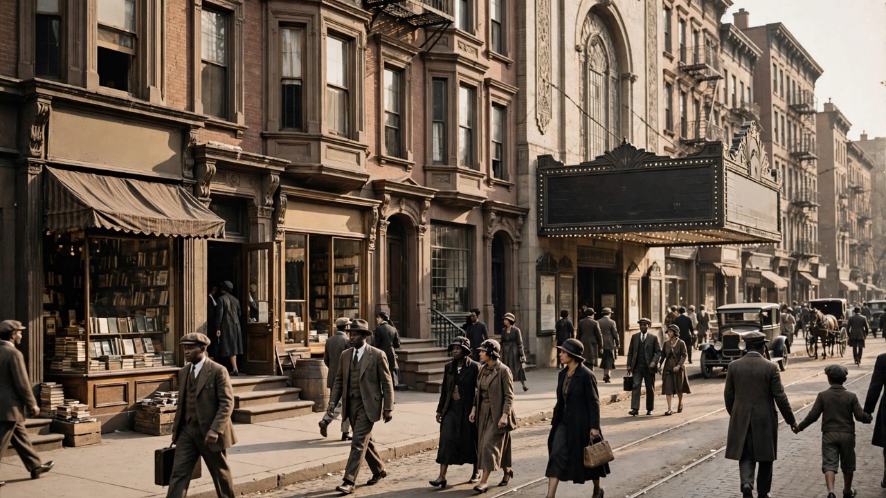 Harlem street scene in the 1920s with residents in period dress