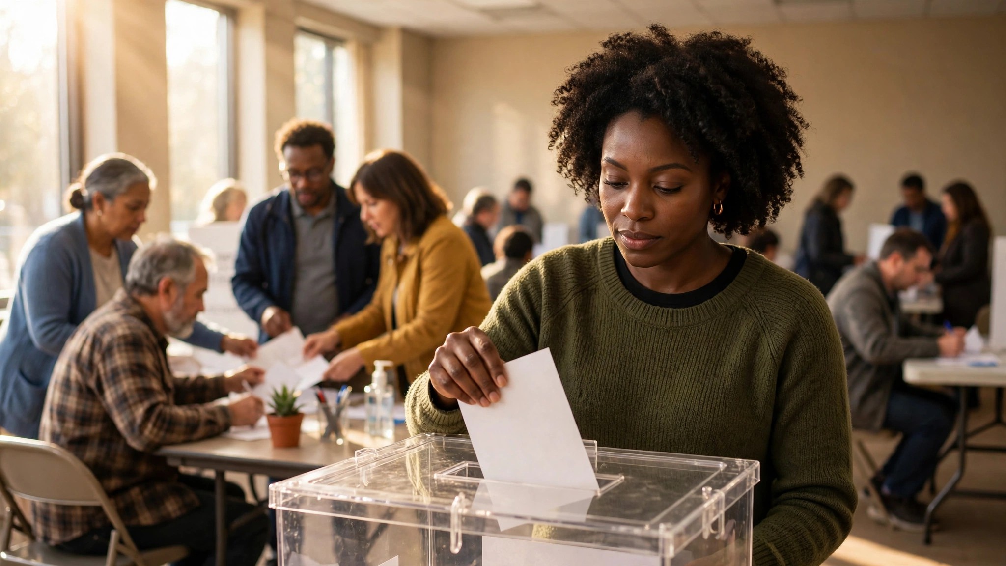 A Black woman casts her ballot at an early voting site while poll workers help voters