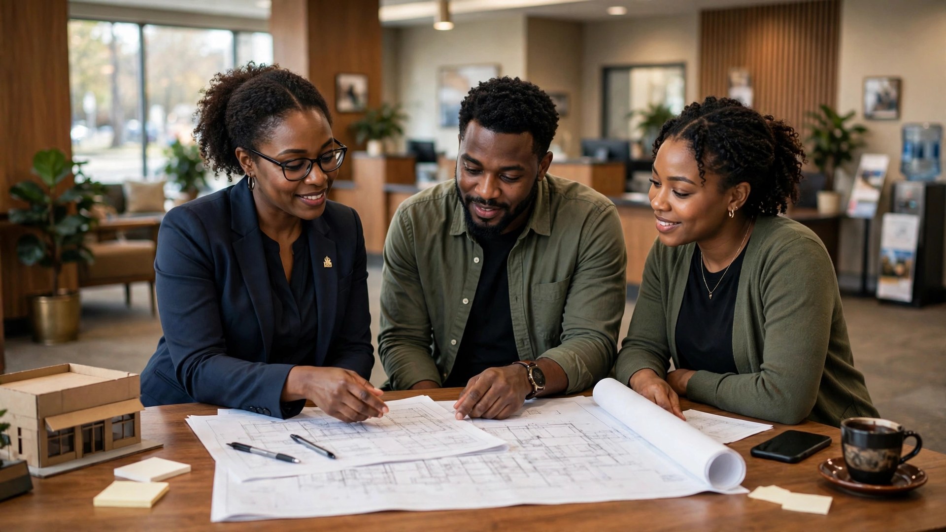 Black loan officer meeting a Black business owner couple inside a community bank