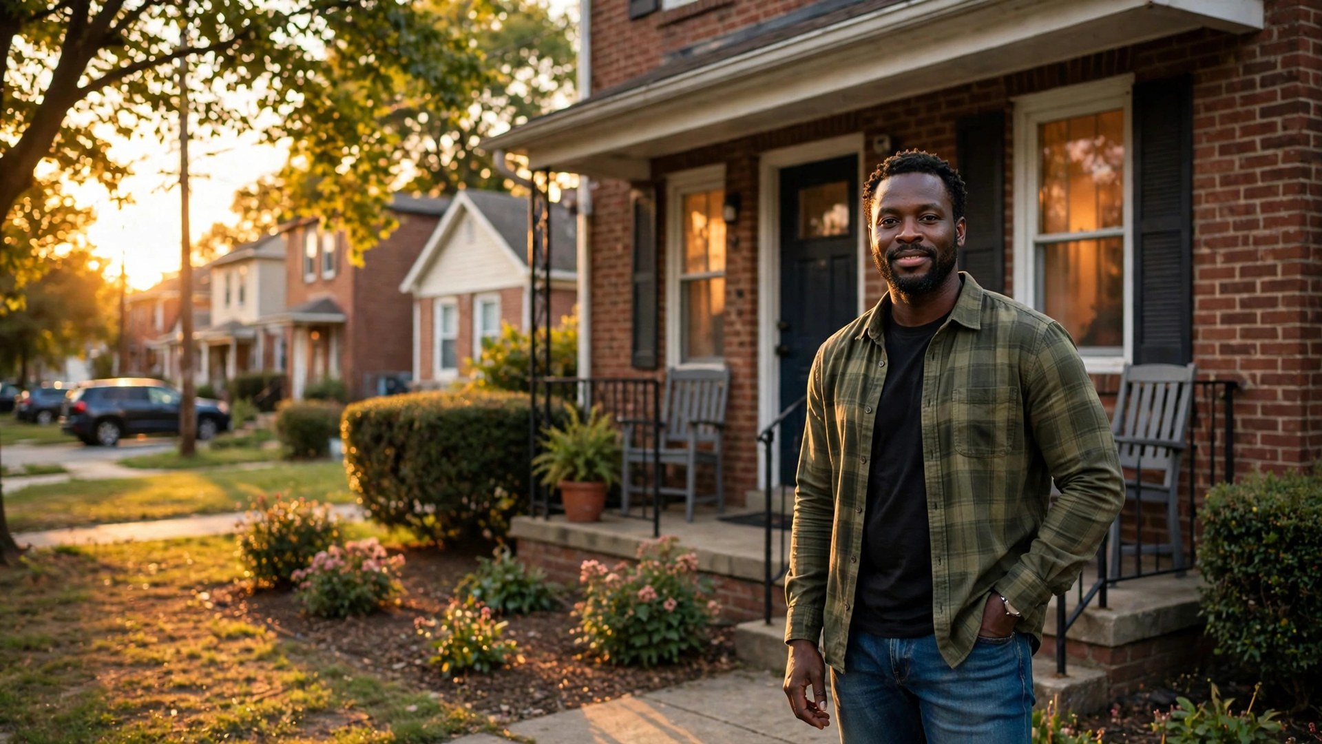Black homeowner standing in front of a brick home in a city neighborhood at golden hour