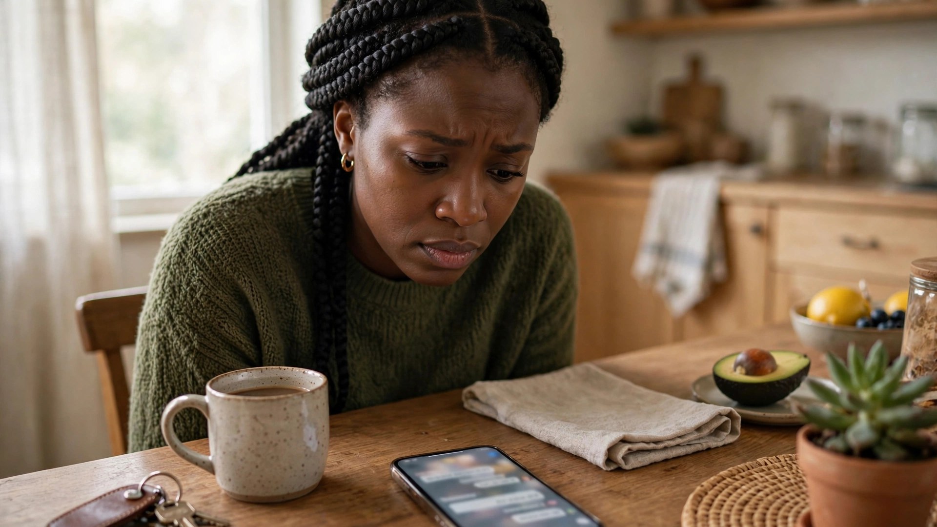 Black woman looking at a smartphone at a kitchen table at home