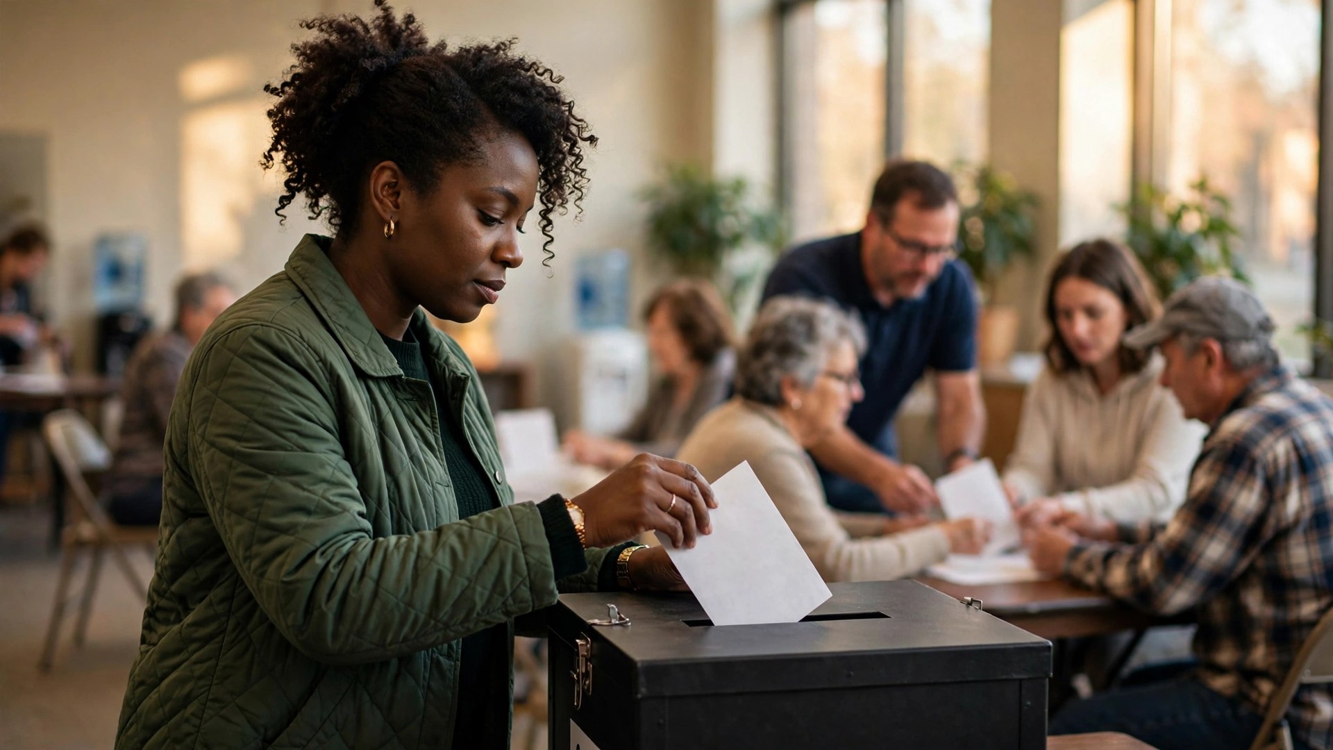 Black woman casting a ballot at an early voting site with poll workers nearby
