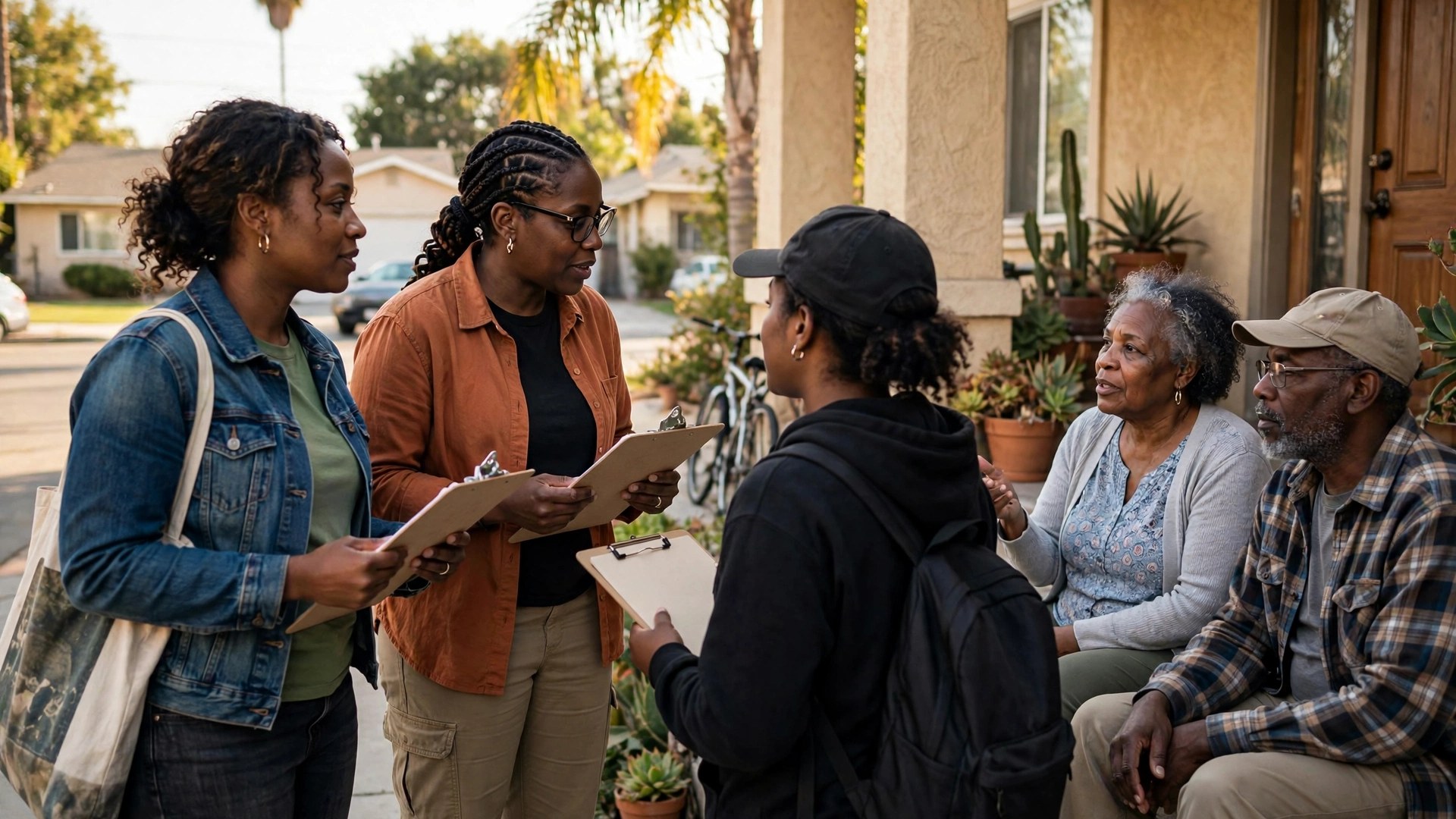 Black women organizers speaking with residents on front steps in Los Angeles