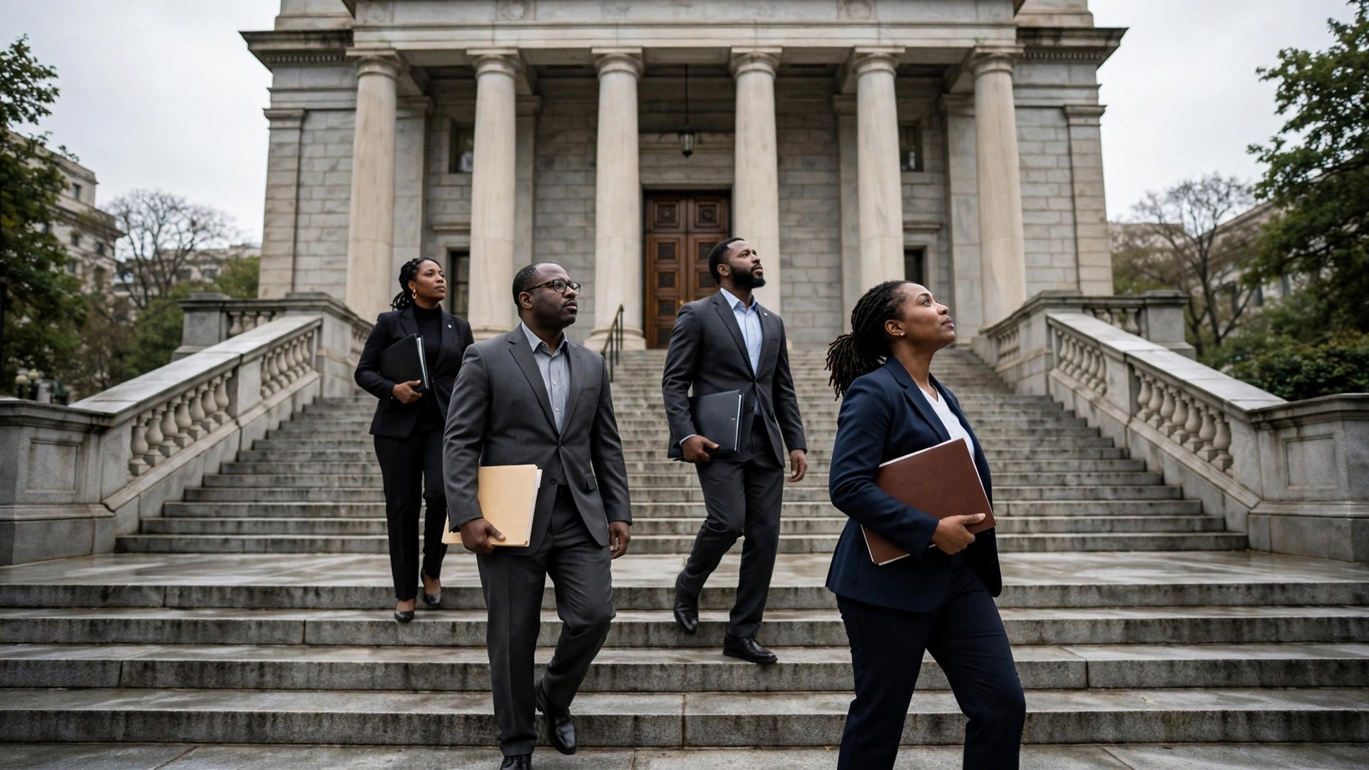 Black civil rights advocates in suits walking up federal courthouse steps with legal folders