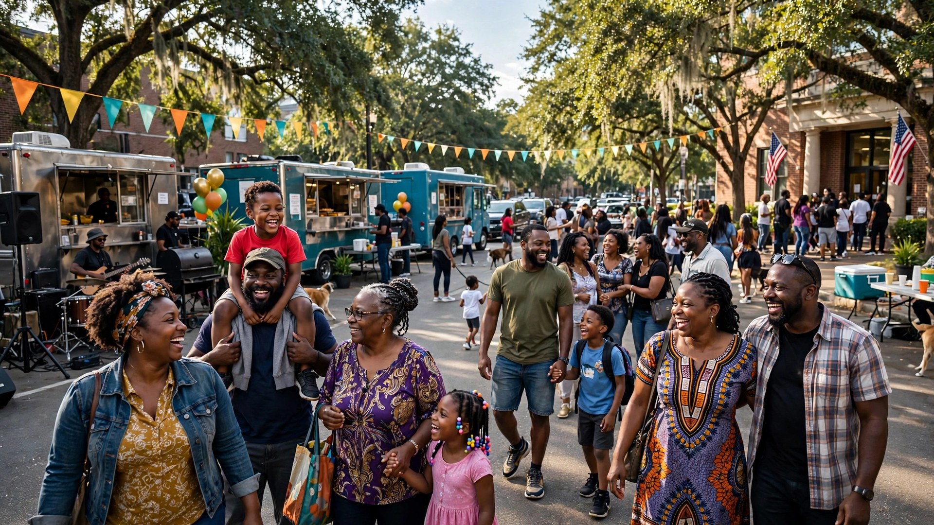 Black families celebrating with food and music before walking together to vote in Atlanta