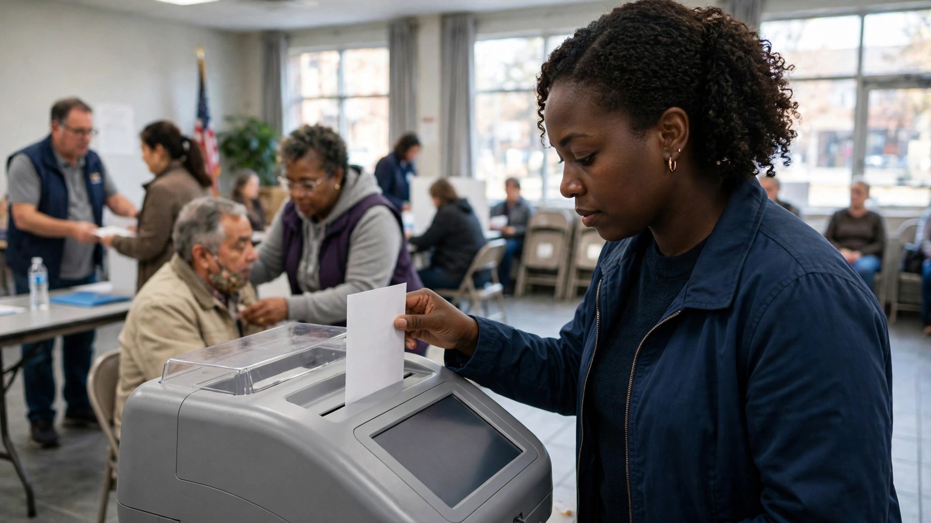 Black woman casting her ballot at a voting machine inside a bright polling place