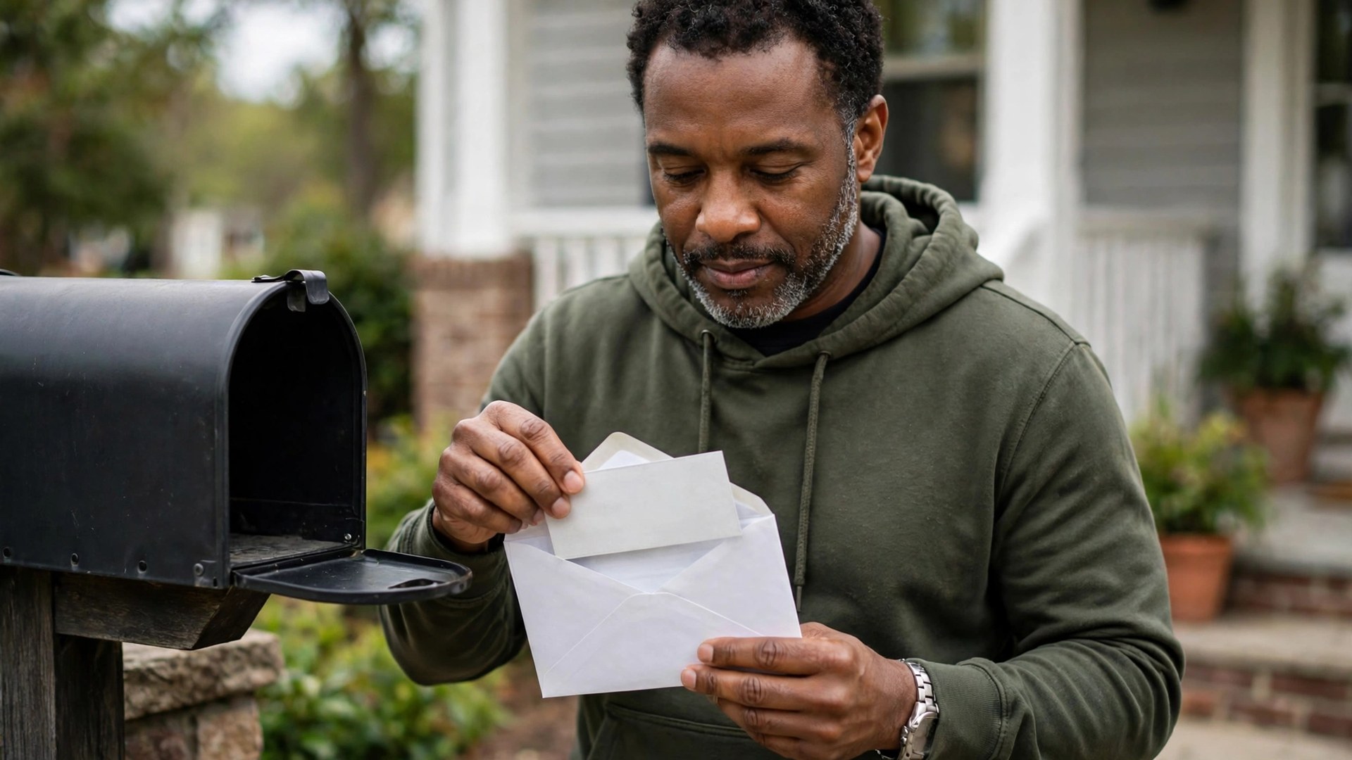 A man opens a mailed envelope holding a payment check on his porch