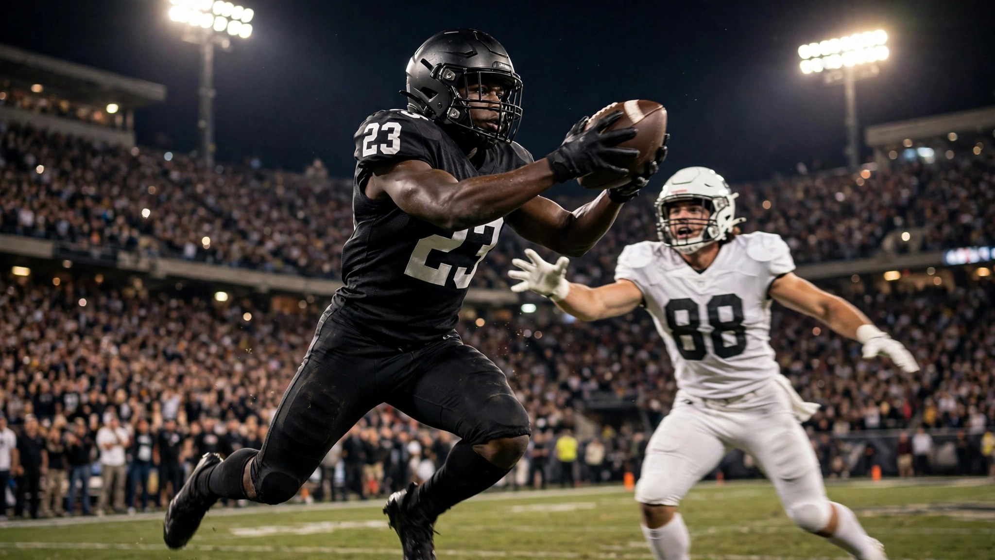 Young cornerback intercepting pass in night game at packed stadium