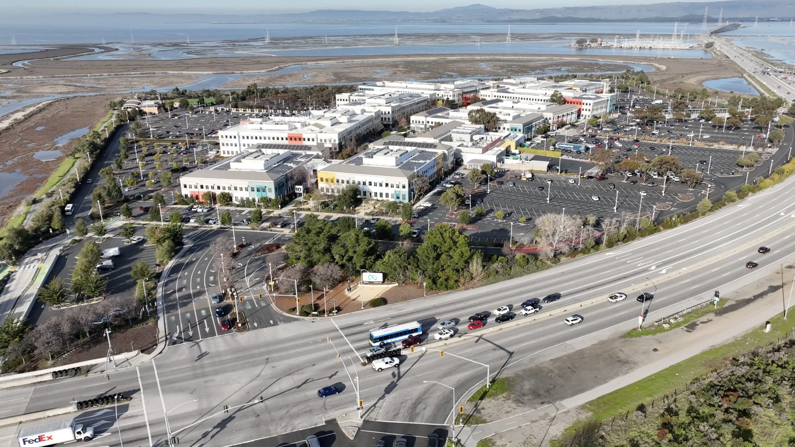 An aerial view of the Meta headquarters campus in Menlo Park, California