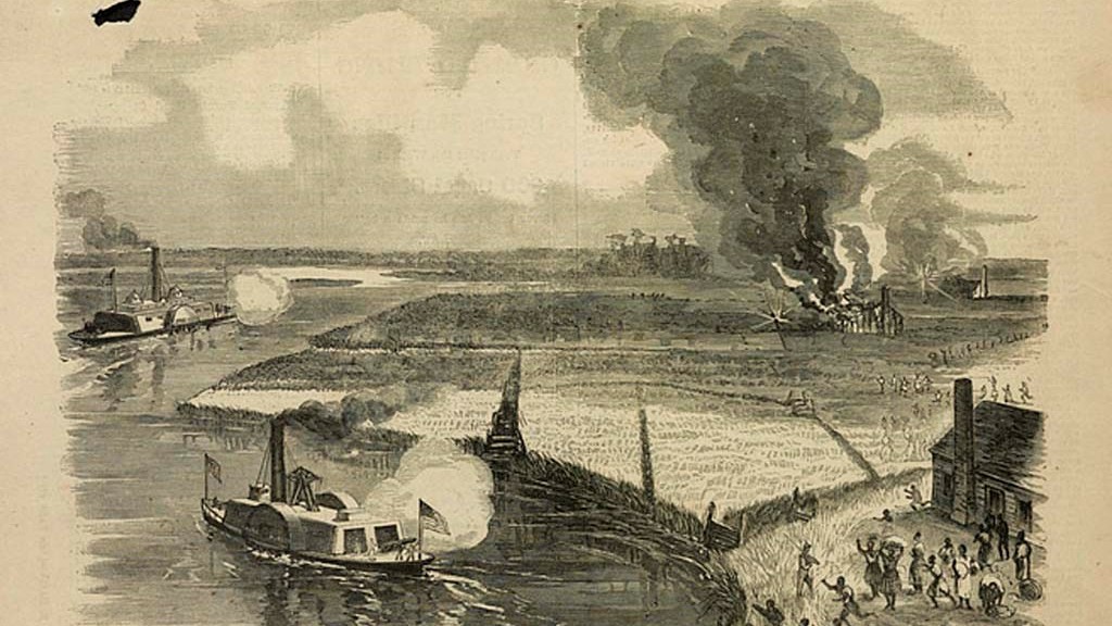 Illustration of Union gunboats and Black soldiers raiding rice plantations on the Combahee River