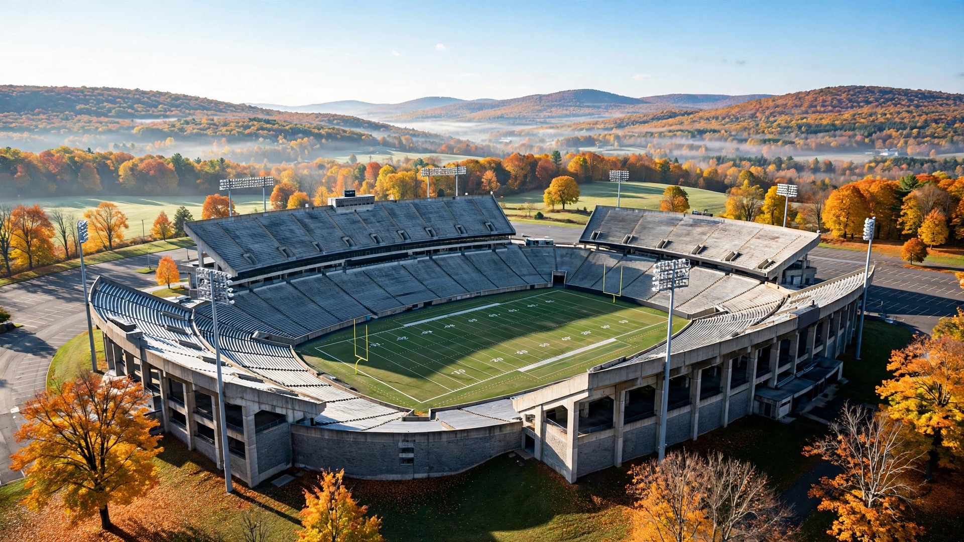 An empty football stadium on a bright autumn morning