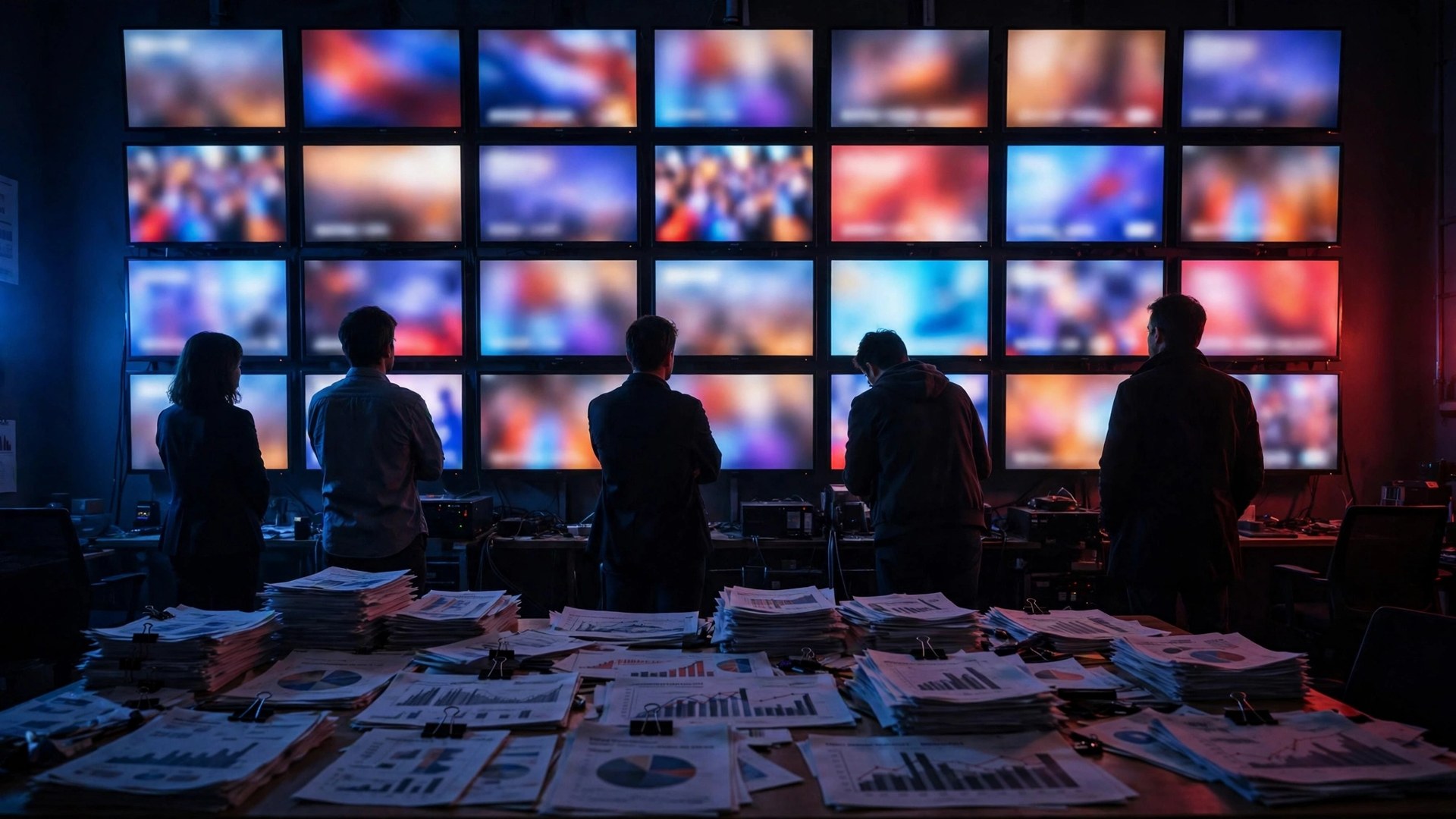 Campaign staff watching a wall of television screens filled with colorful ads