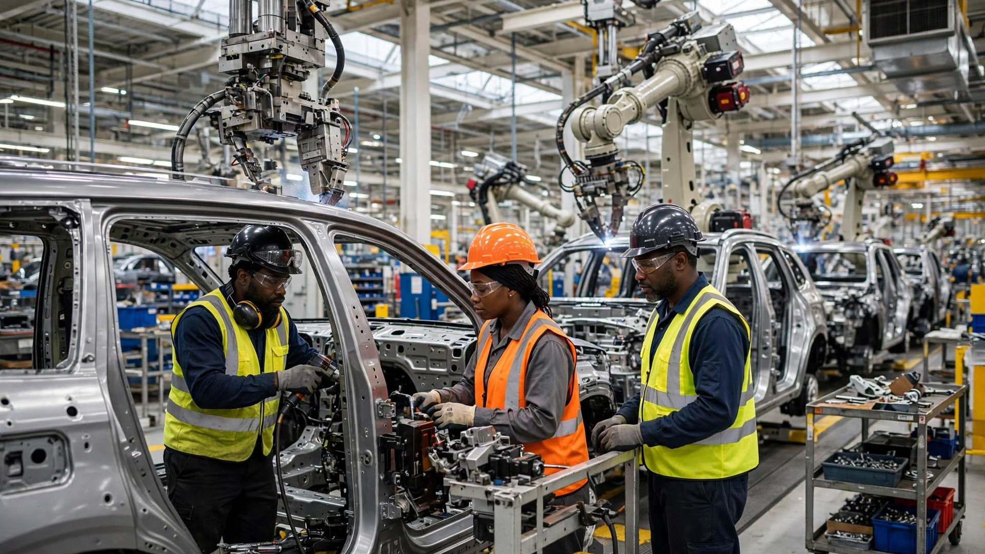 Black auto workers in safety gear building SUVs on a bright assembly line