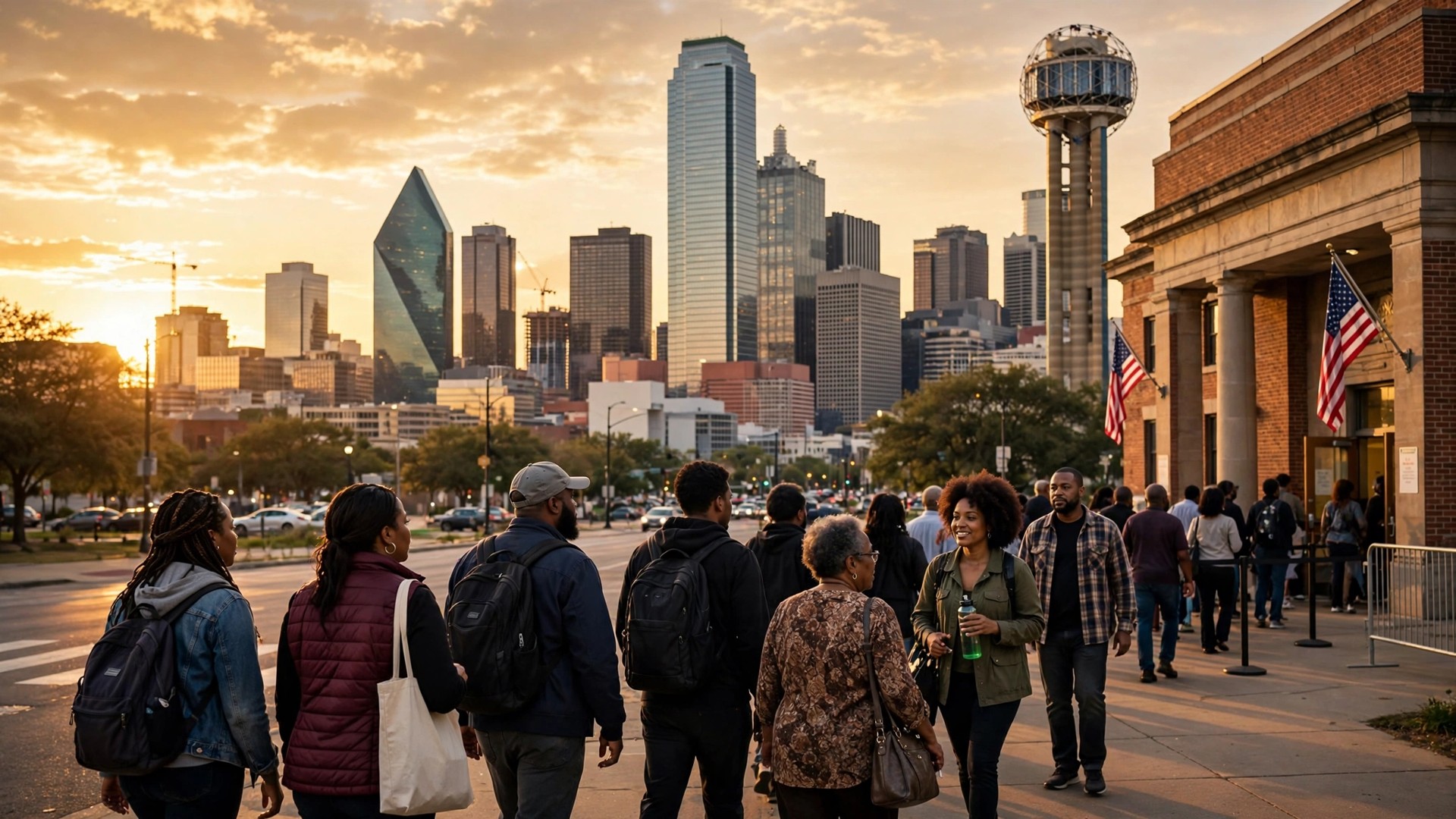 Downtown Dallas skyline at golden hour with voters walking in the foreground