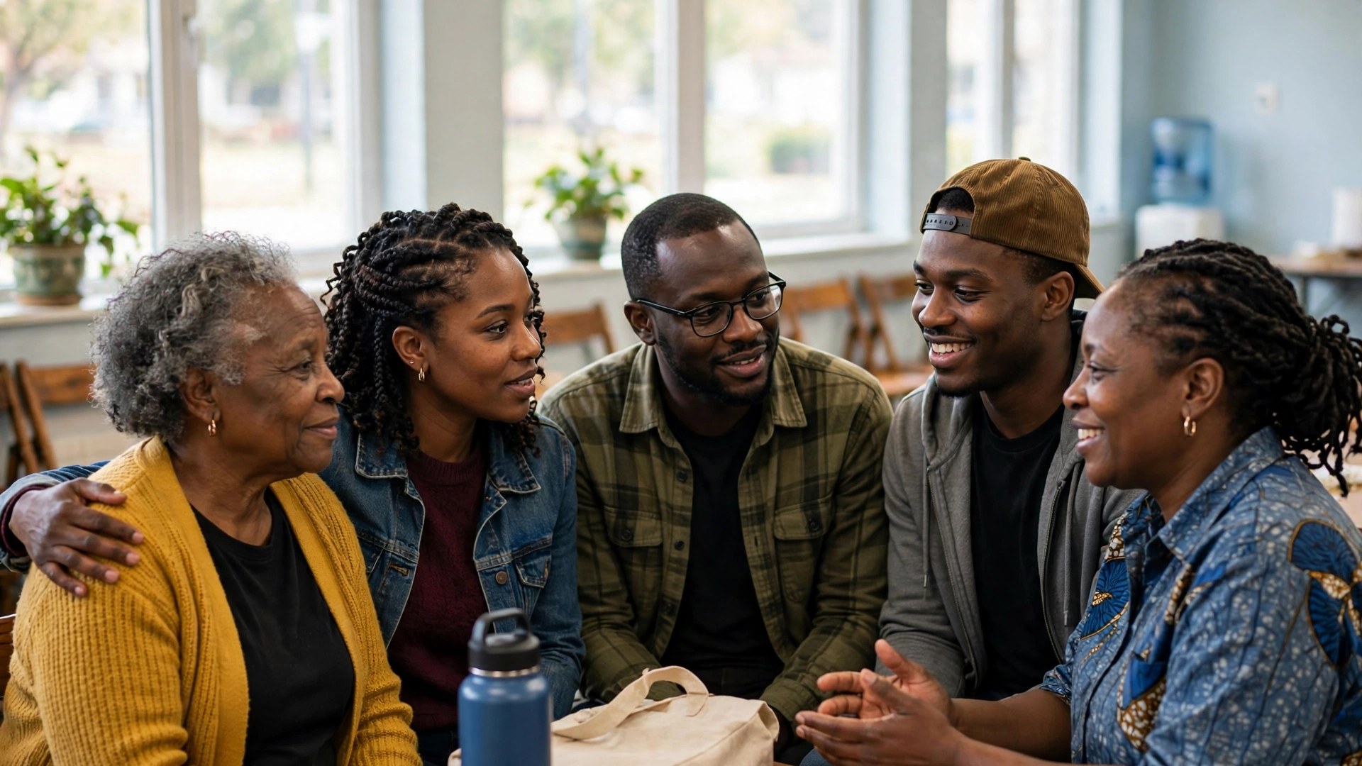 Black neighbors and friends gathered in a bright community hall talking and supporting each other