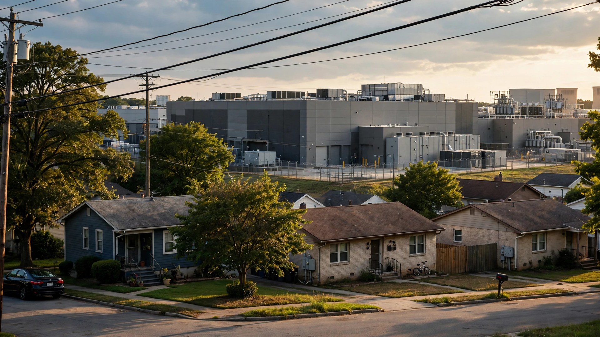 Large data center building standing behind modest homes in a Black neighborhood