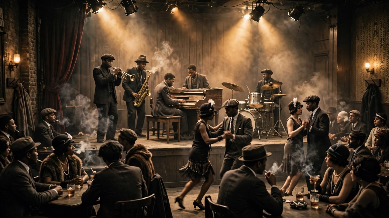 Jazz orchestra on stage in a Harlem club in the late 1920s