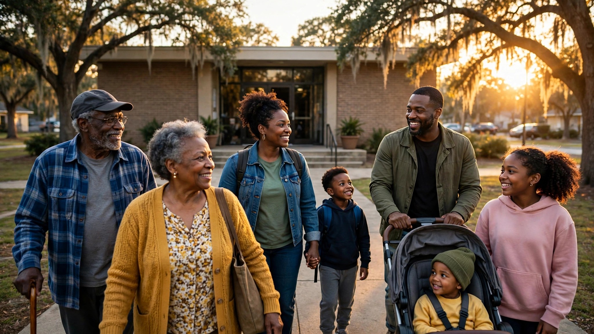 Black families and elders arrive together at a community early voting center at golden hour