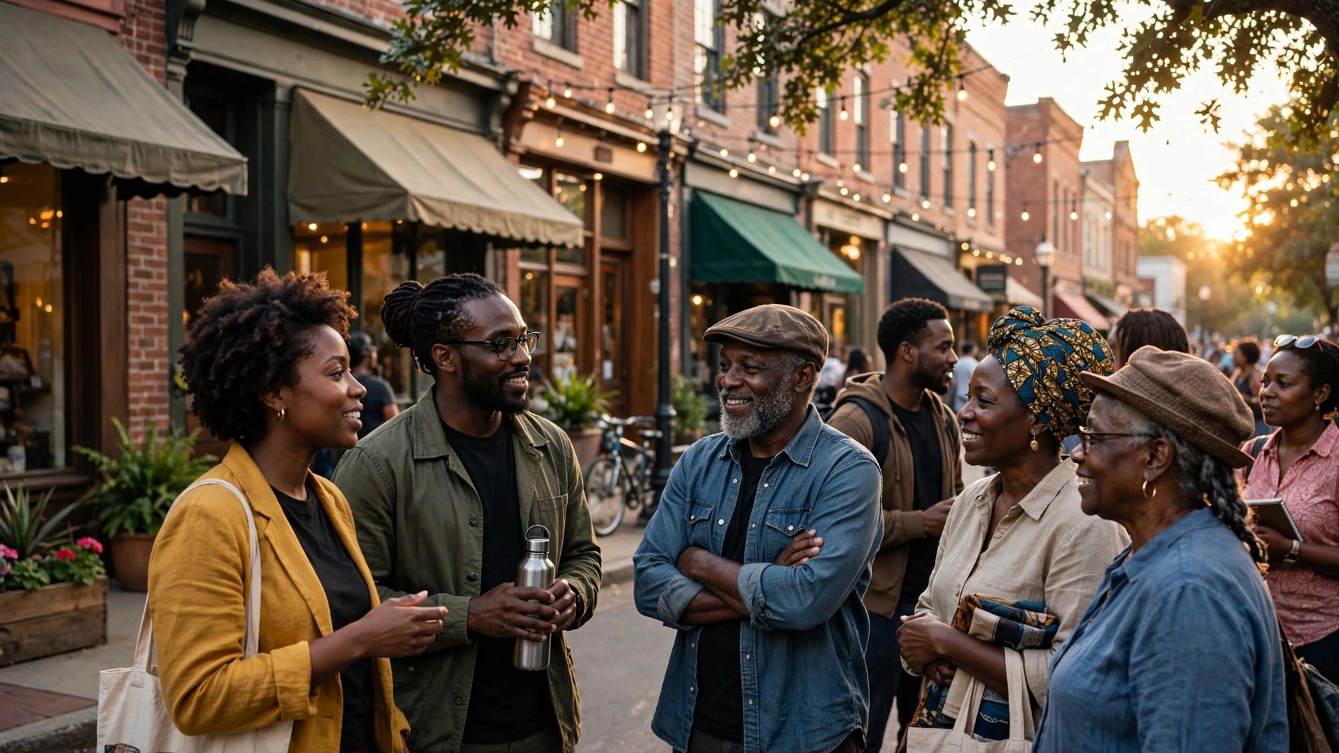 Black entrepreneurs talking outside storefronts on a historic business street at golden hour